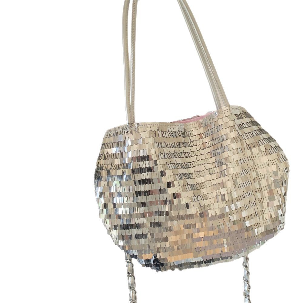 53131 New trendy sparkling pink with silver sequins, small and large capacity commuting single-shoulder canvas handbag Item Picture