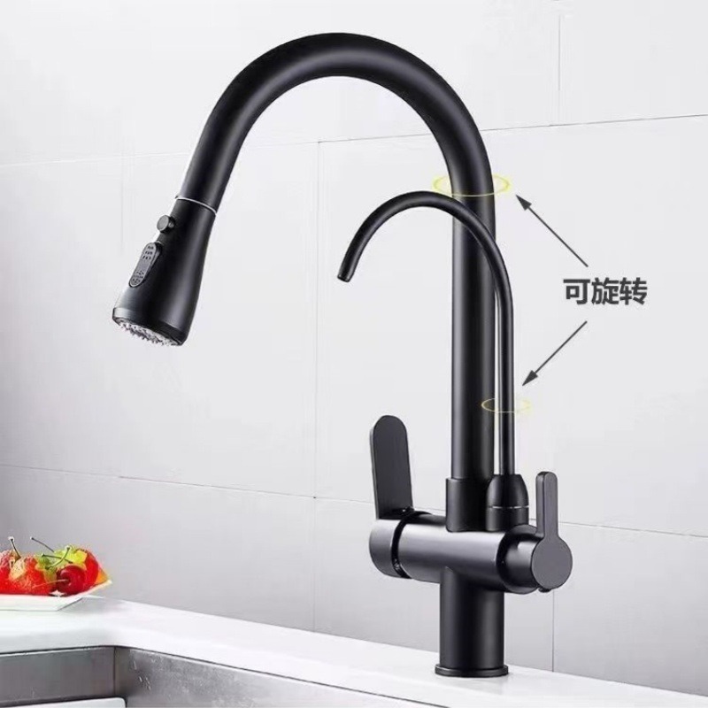 All-copper kitchen pull-out cold and hot water faucet, three-in-one pure direct drinking water faucet, sink, dishwashing basin and sink Application Scenario