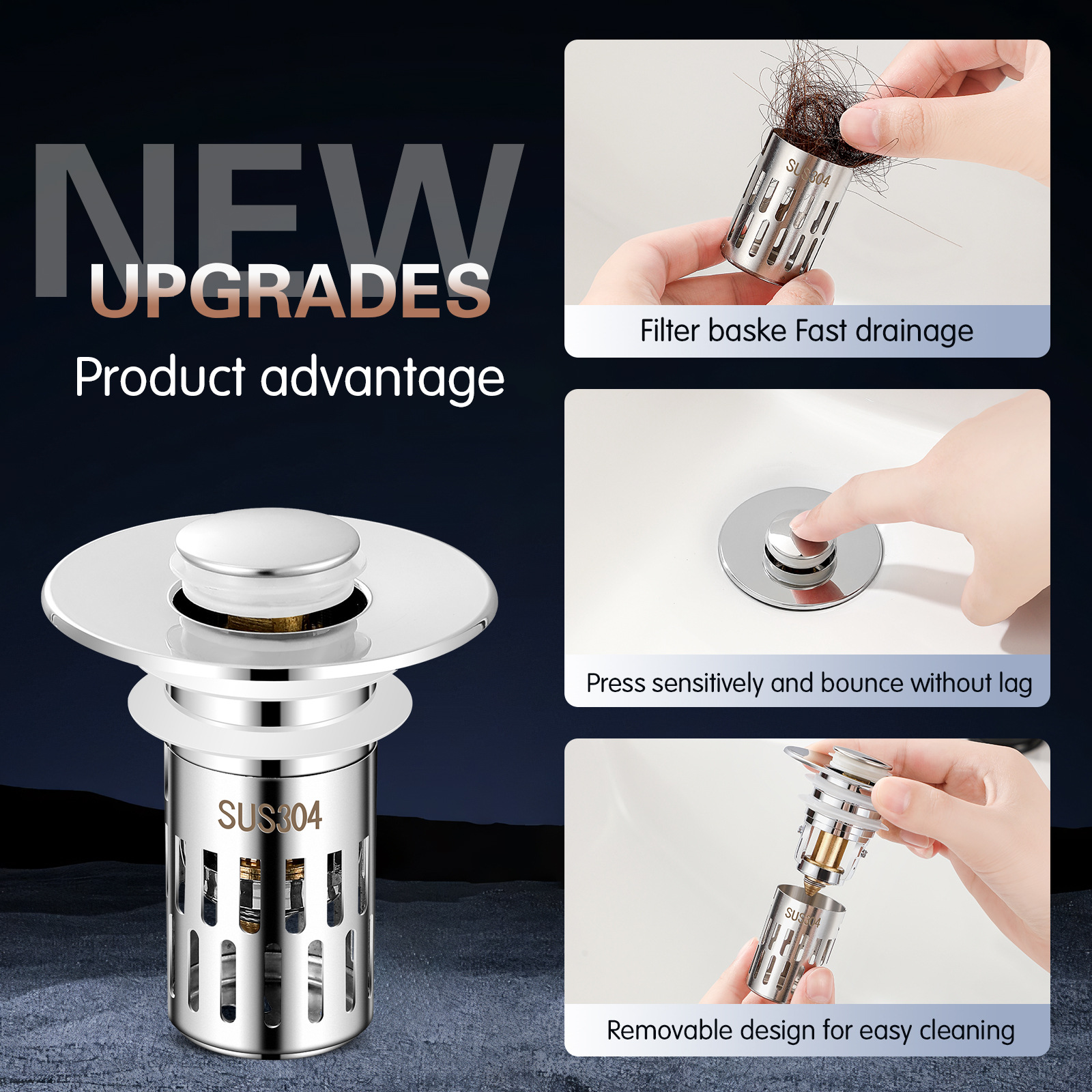 Small-diameter American-standard washbasin with a jumping core drain, push-type washbasin plug, insect-proof and clog-proof filter screen full figure
