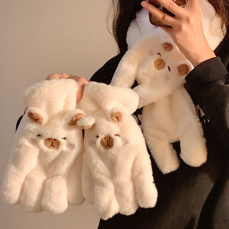 Cute Kapibala plush five-fingered gloves for girls to keep warm in winter, with thickened fleece, protect students from the cold and wind when riding bikes details Picture