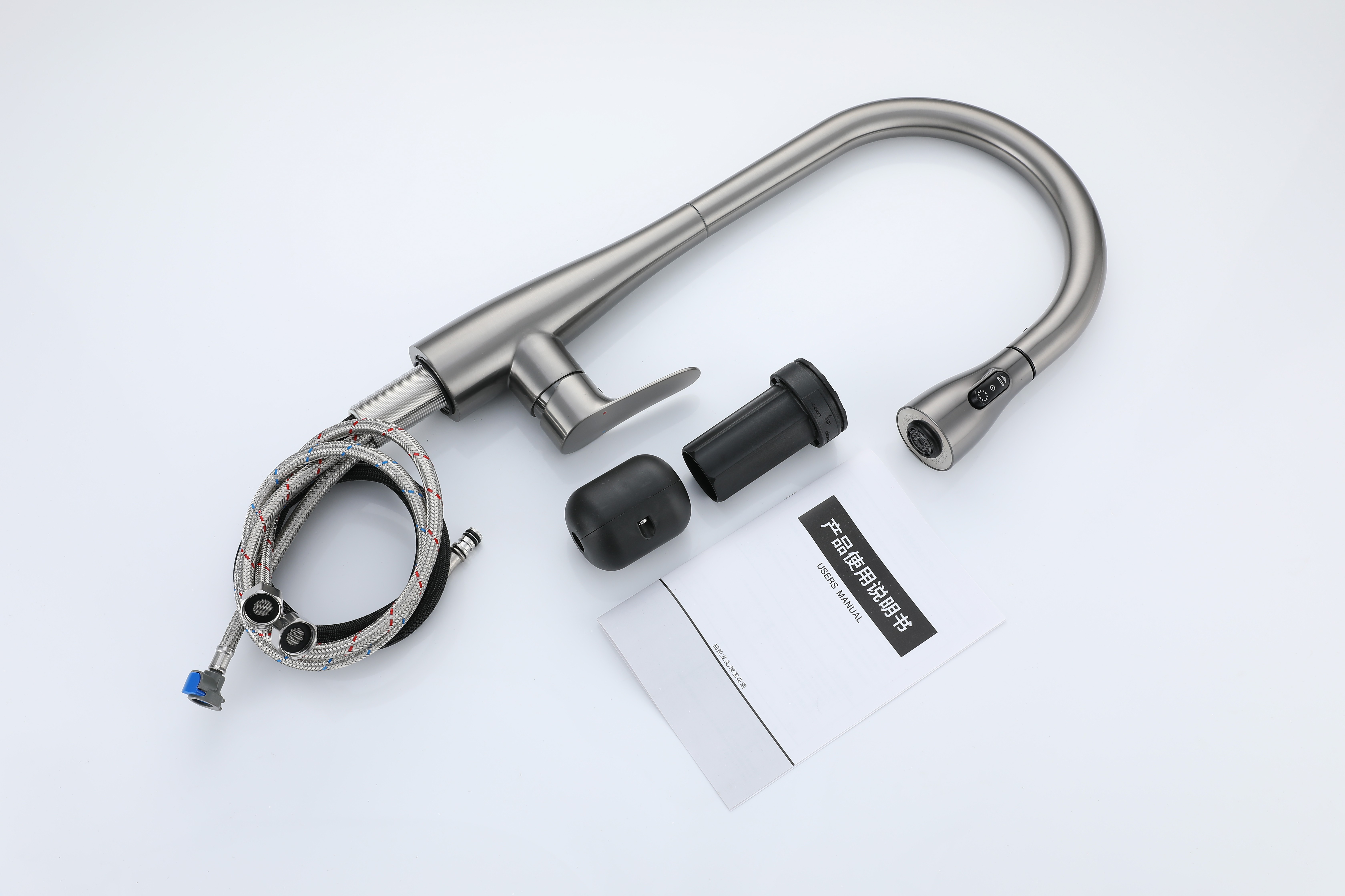 RAN brand, five-color pull-out faucet, three-mode water flow, freely rotating, freely pull-out. The faucet is sturdy and durable. Specification drawing
