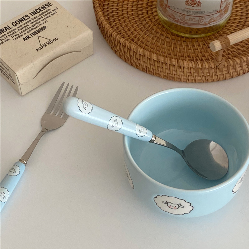 Cute cartoon blue lamb ceramic bowl, dessert bowl, girlish salad bowl, household ceramic plate set tableware Application Scenario