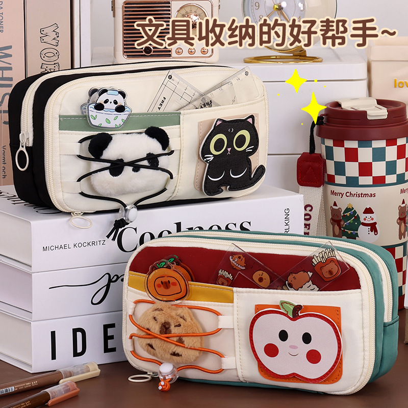 Back-to-school season pencil case, large capacity, cute and fun Apple pencil case, multi-layer stationery bag for primary school students, drawstring, high appearance level details Picture