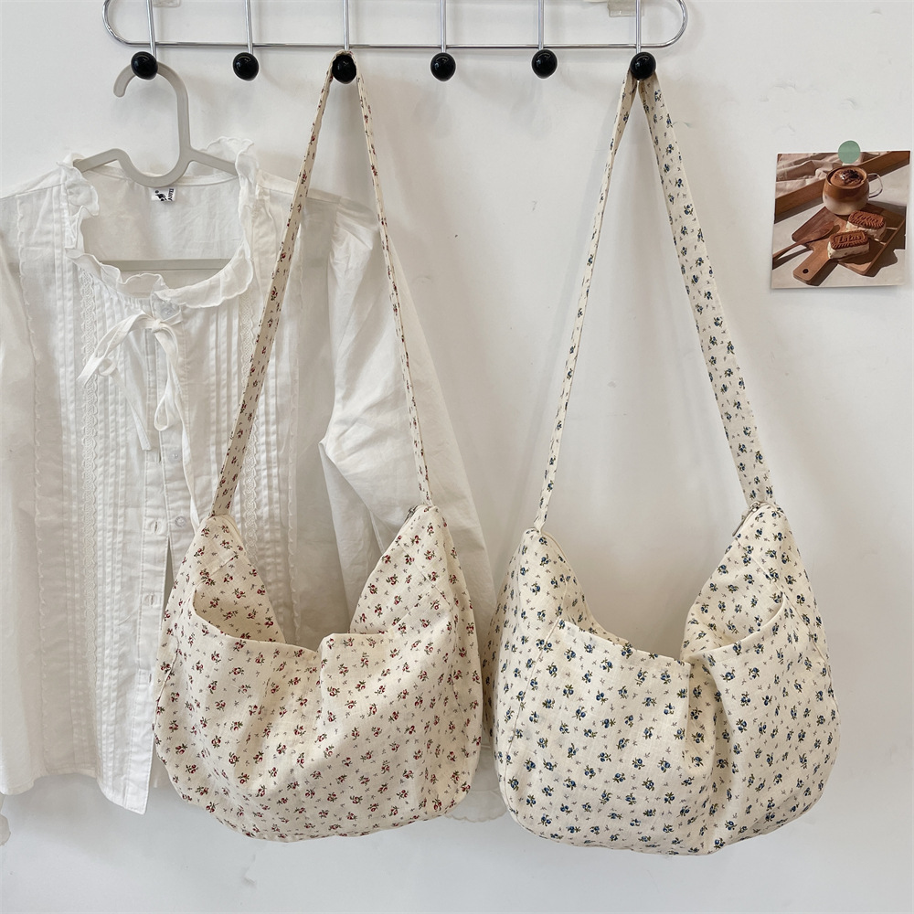 54123 Casual Large Bag for Women, summer new floral canvas bag, large-capacity single-shoulder crossbody bag for commuting to school full figure