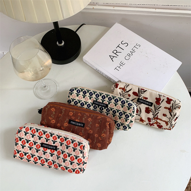 【 In Stock 】11271 Corduroy Retro Artistic Pen Case, ins Japanese-style Student Makeup Bag Storage and Organization Bag full figure