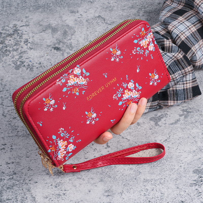 New long and versatile double-zipper Korean-style student flower large-capacity phone bag, clutch, soft coin purse for ladies full figure