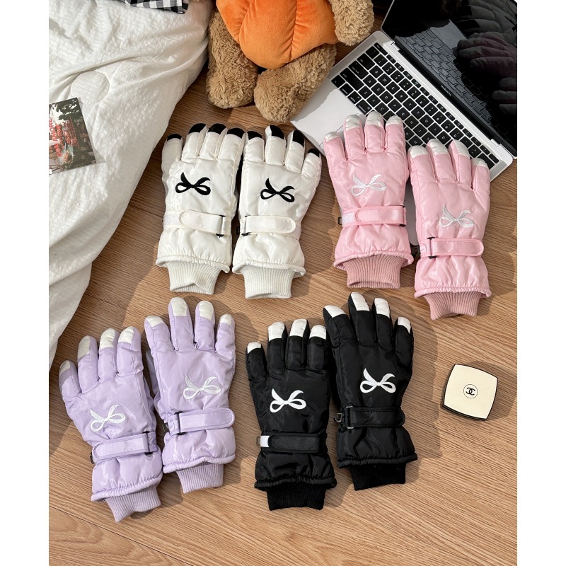 Cute bow ski gloves, winter thickened new fleece windproof, cold-proof and waterproof outdoor cycling cotton gloves Specification drawing