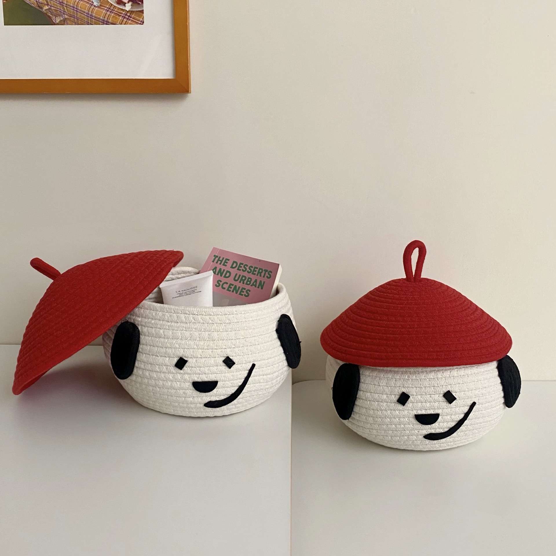 Cute crooked-mouthed cotton thread basket, home covered miscellaneous storage woven basket, desktop dust-proof decorative item storage basket, storage basket full figure