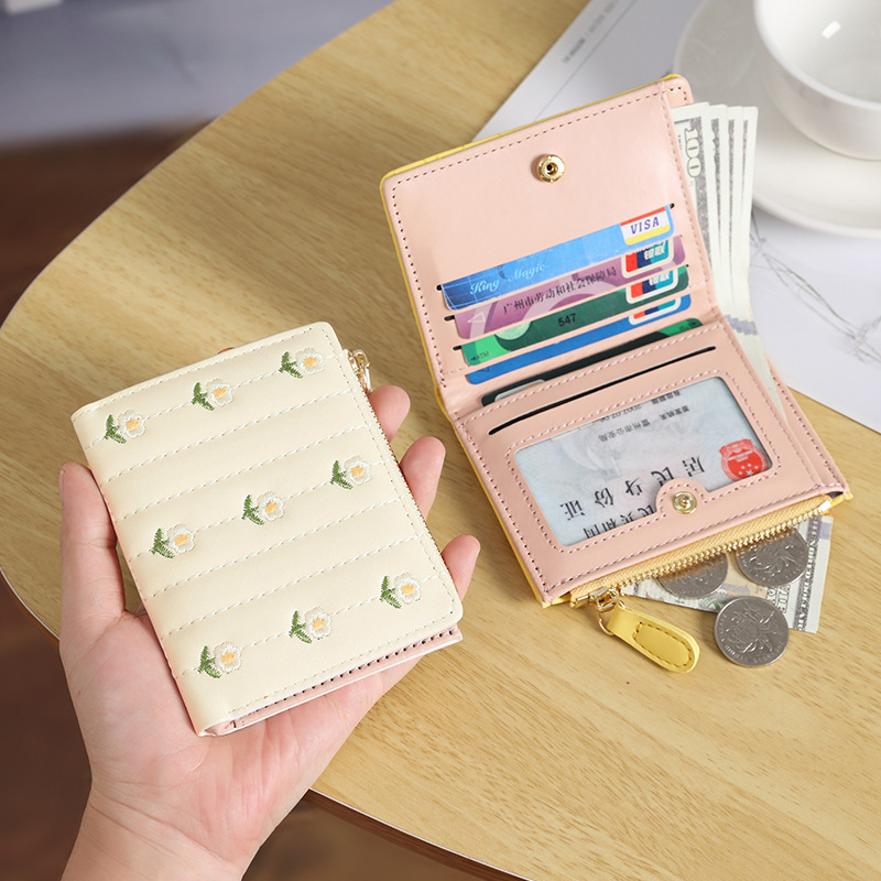 New women's wallet embroidered short and simple card bag Summer Wallet Cross-border solid color zipper coin purse wholesale full figure