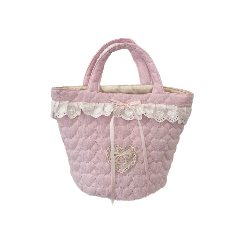 54101 Cute Girl's new hand-held bag, lace lace heart-shaped hand-held bucket bag, large capacity bento bag Item Picture