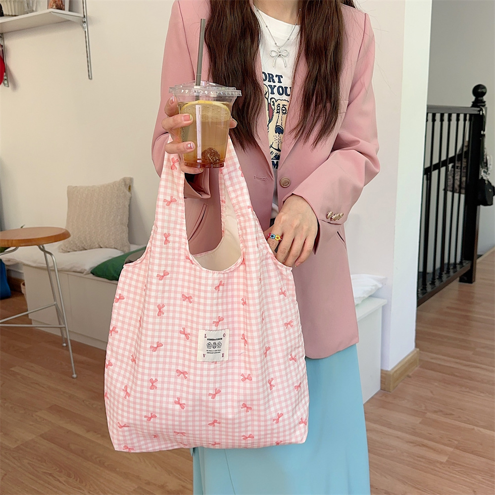 44301 large-capacity simple printed bow canvas bag, single-shoulder bag, open women's shopping bag for shopping, vest bag details Picture