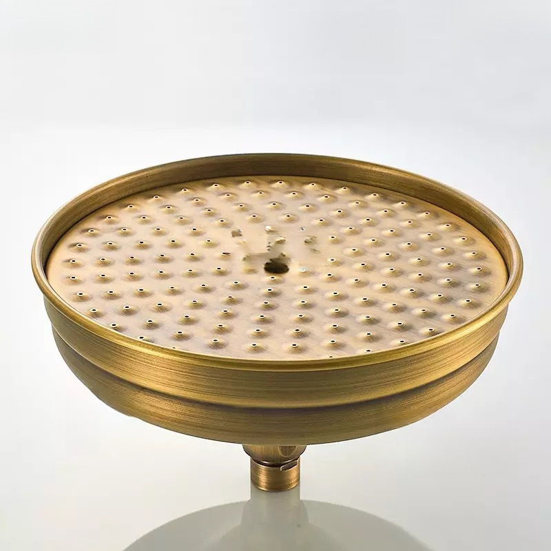 The shower is made of stainless steel with a stainless steel horn, an antique round rose gold nozzle, and a black spray details Picture