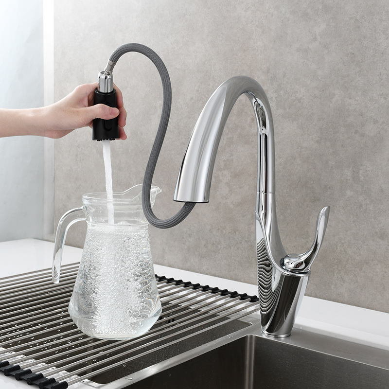 Copper pull-out kitchen faucet, hot and cold dish basin, sink faucet, shower head, dual water outlet, rotatable faucet Specification drawing