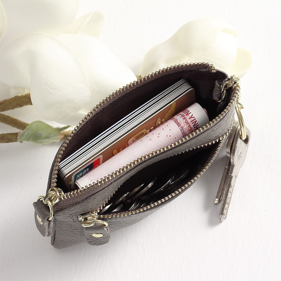 pu coin purse for girls, mini cowhide short double-zipper key, simple small wallet, small coin bag details Picture