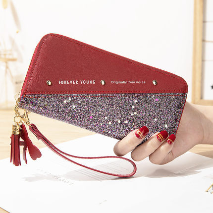 2021 New style wallet, long zipper wallet for women, Korean version, spliced color contrast tassel, versatile card case, mobile phone case Item Picture