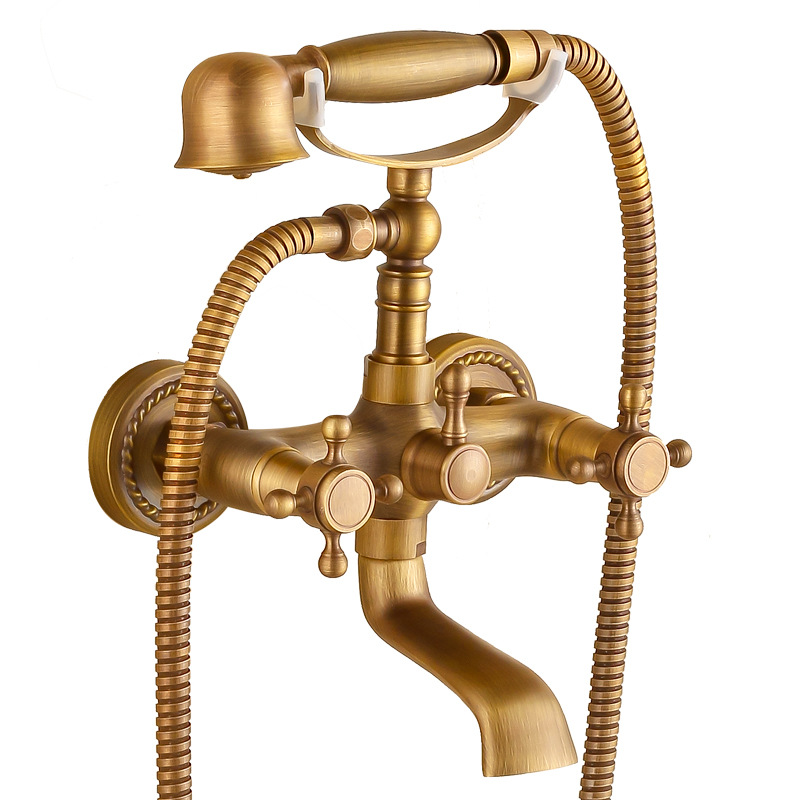 Brass antique bathtub faucet set with twisted base, wall-mounted double-handle telephone shower head set for bathing details Picture