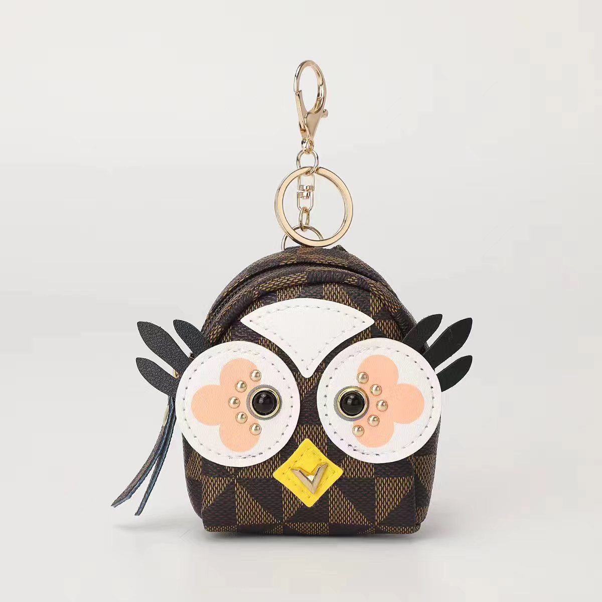 Fashionable mini monogram checkered leather owl coin purse keychain, live-streaming bestseller pendant storage bag Item Picture