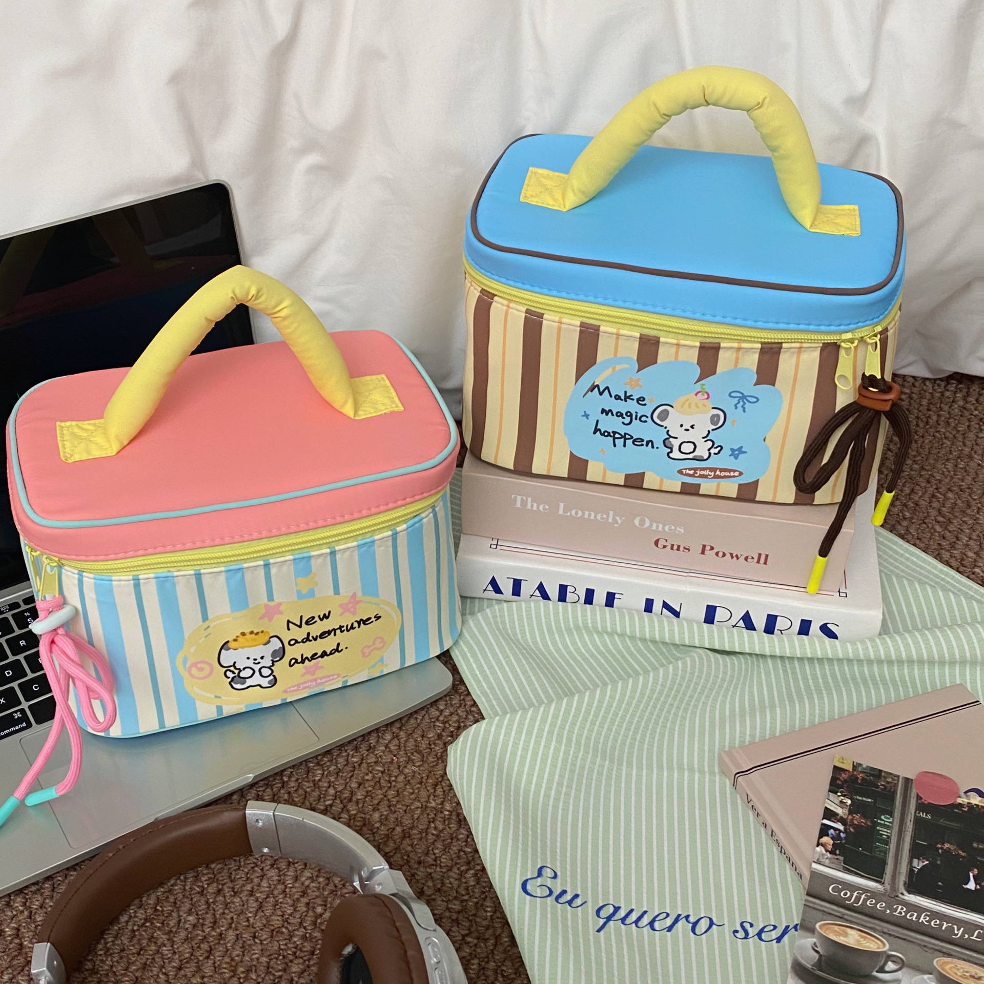 Cartoon striped puppy lunch box bag, large-capacity multi-functional preservation bag, hand-held insulated bag, picnic and camping snack bag Specification drawing