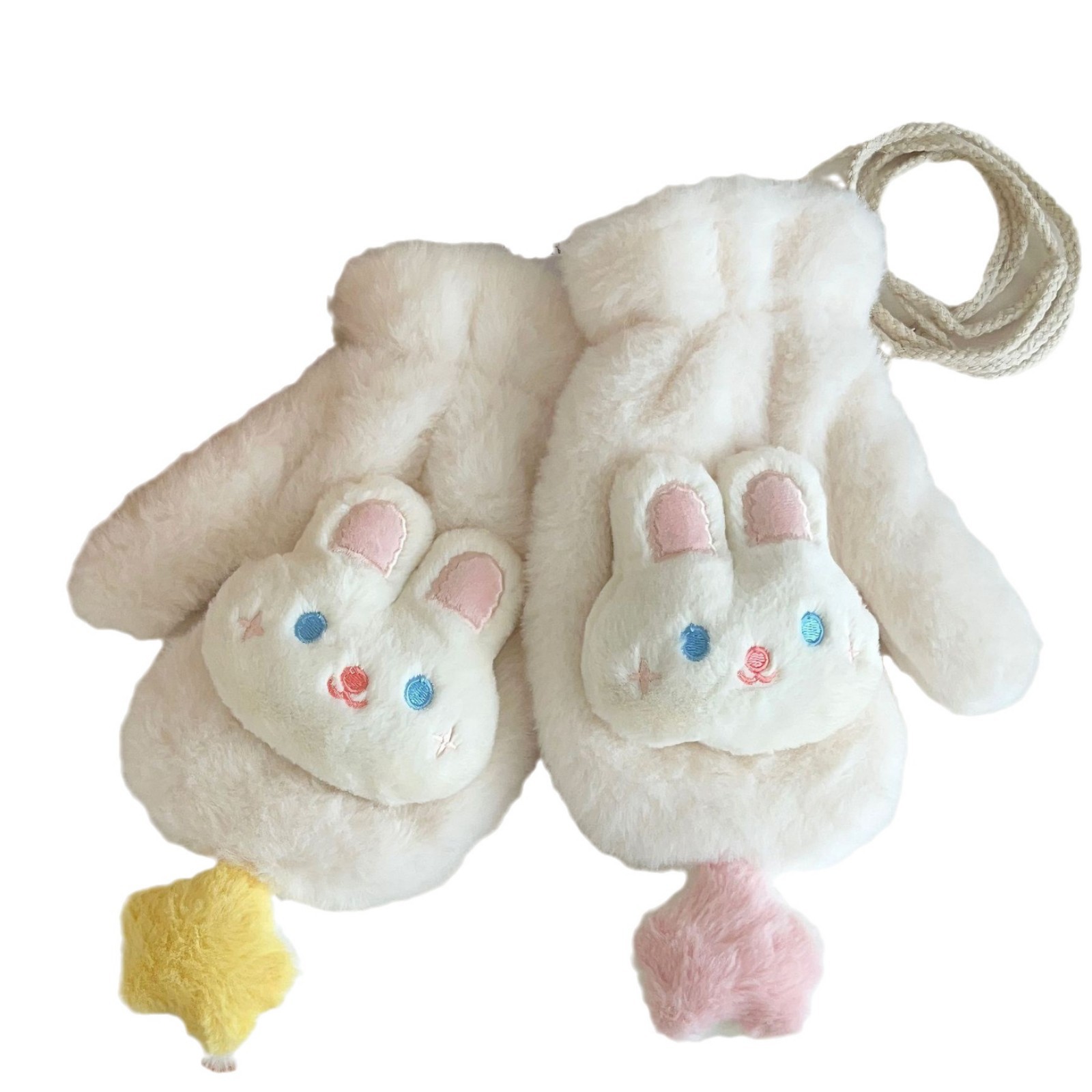 Cute star-shaped rabbit plush mitten gloves for women to keep warm in winter, with fleece around the neck to protect against the cold and a versatile neck wrap for women Item Picture