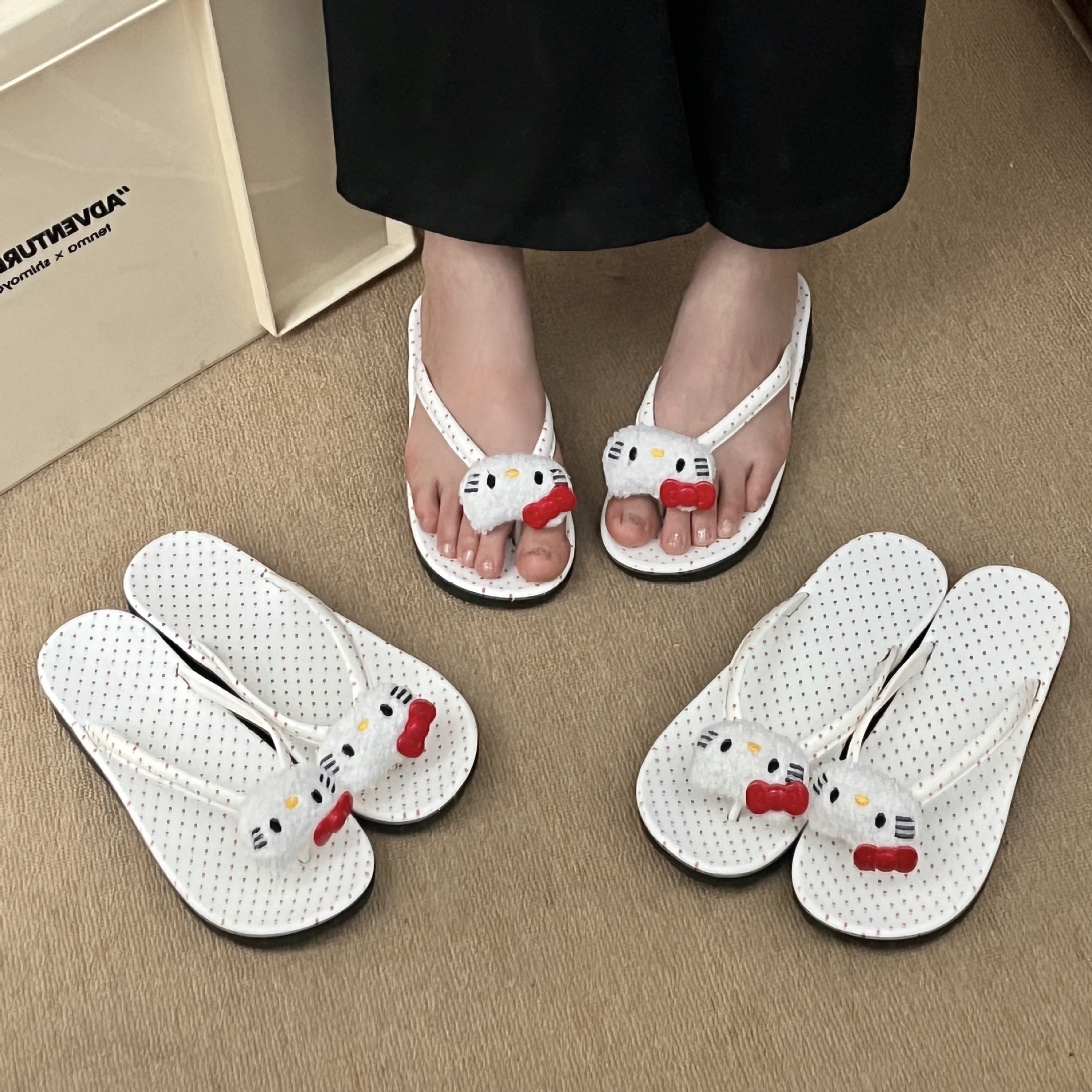 Cute cat-shaped polka dot herpeso slippers for women 2025 new style versatile summer outerwear soft-soled thick-soled slippers full figure