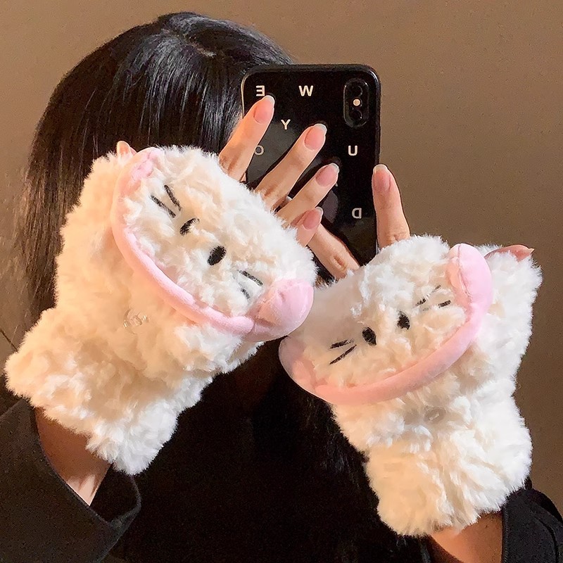 Headphones, cat flip gloves, fingers exposed, cute and versatile for autumn and winter. Seven-star cold-proof and warm for students, touchable for writing details Picture