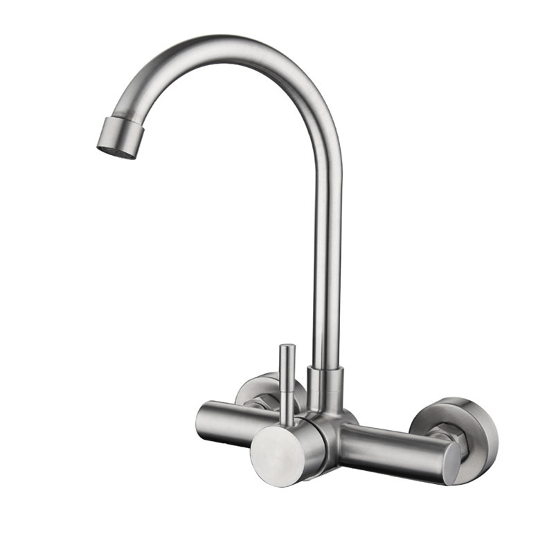 304 stainless steel wall-mounted balcony laundry sink, double-hole large bend, rotatable hot and cold kitchen sink faucet Item Picture