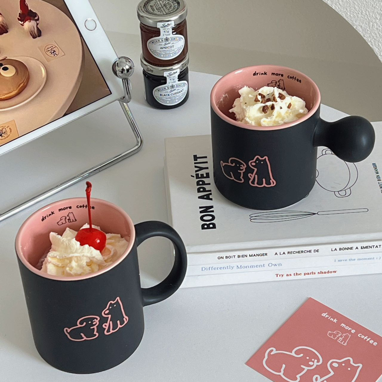 Barbie pink and black dog matte mugs, couple ceramic cups, high-temperature resistant home breakfast coffee cups, straight cups details Picture