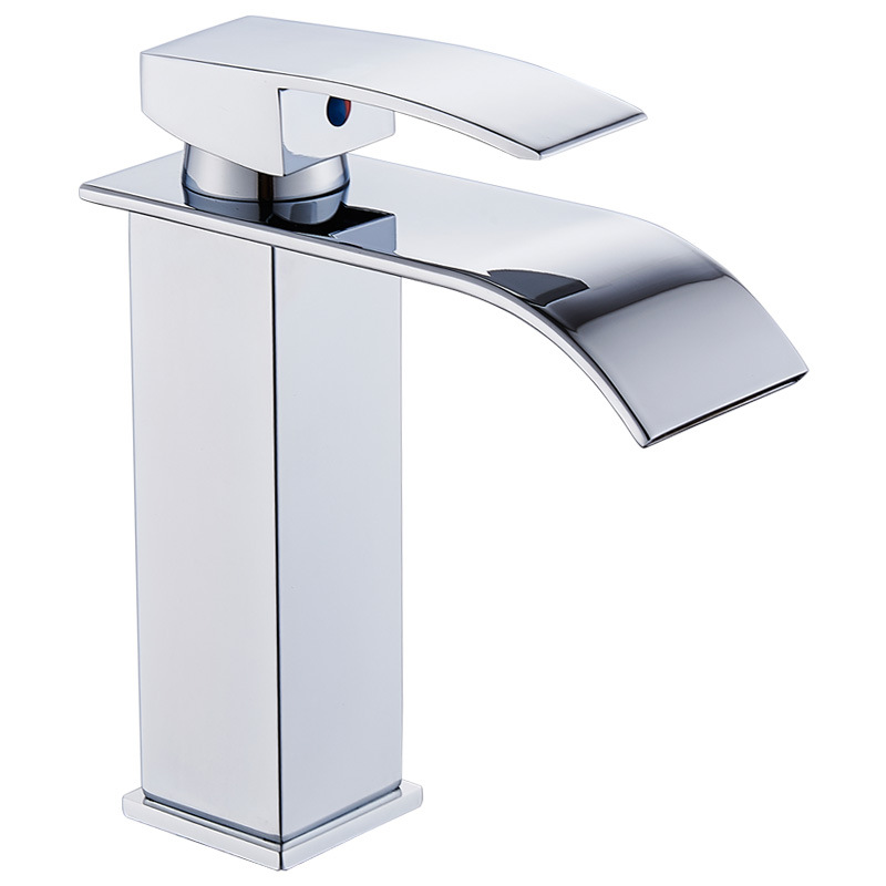 Cross-border basin waterfall faucet, wide-mouth stainless steel mirror finish, square elbow, cold and hot water countertop basin faucet Item Picture