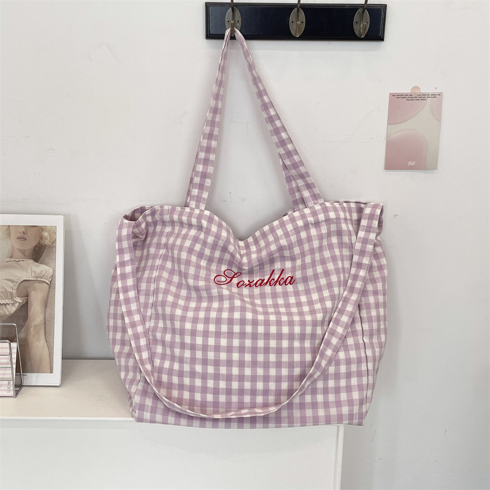 5494 Sweet Checkered Fabric Bag 2025 New Style laid-back large-capacity student class single-shoulder crossbody tote bag details Picture