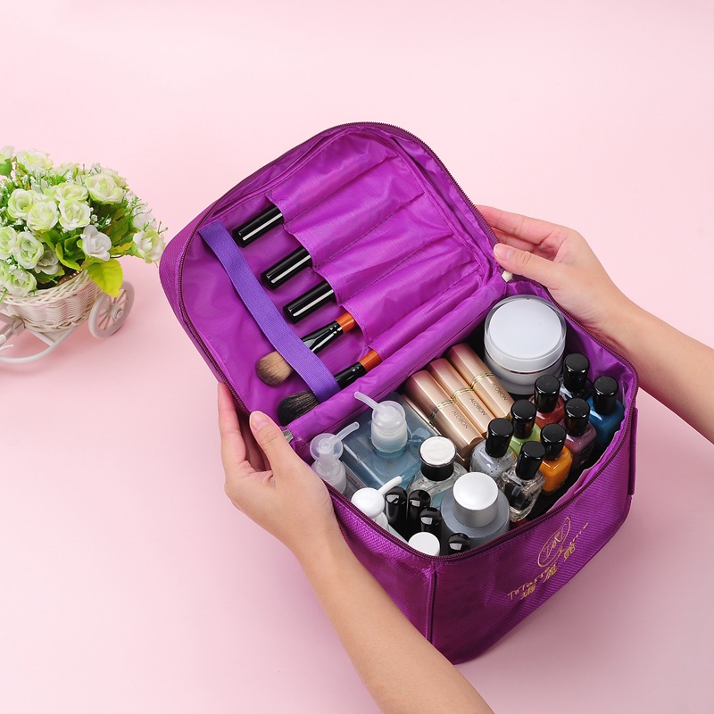 Korean-style simple and elegant purple large-capacity waterproof portable foldable cosmetic organization and daily chemical products storage bag Application Scenario