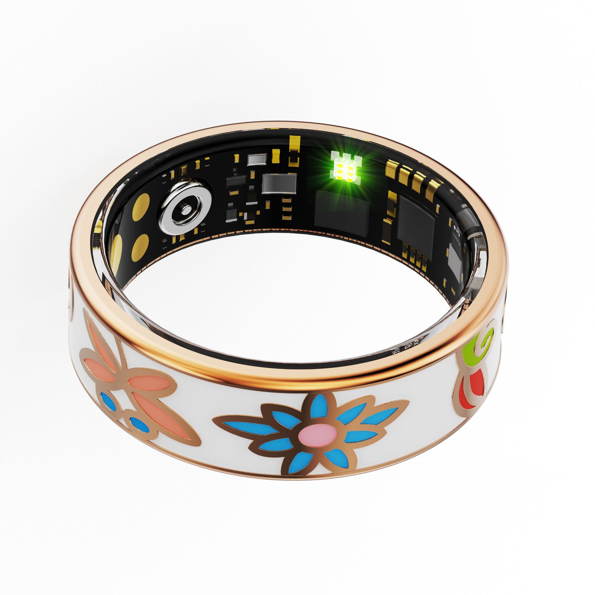 The Smart Ring features real-time monitoring of heart rate, blood oxygen, blood pressure, step counting during exercise, and intelligent photo-taking. It is a black technology smart ring Specification drawing
