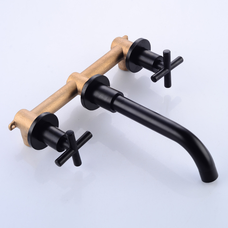 All-copper concealed washbasin faucet, split double-handle wall-mounted three-hole cold and hot water washbasin faucet, black bathtub faucet Specification drawing