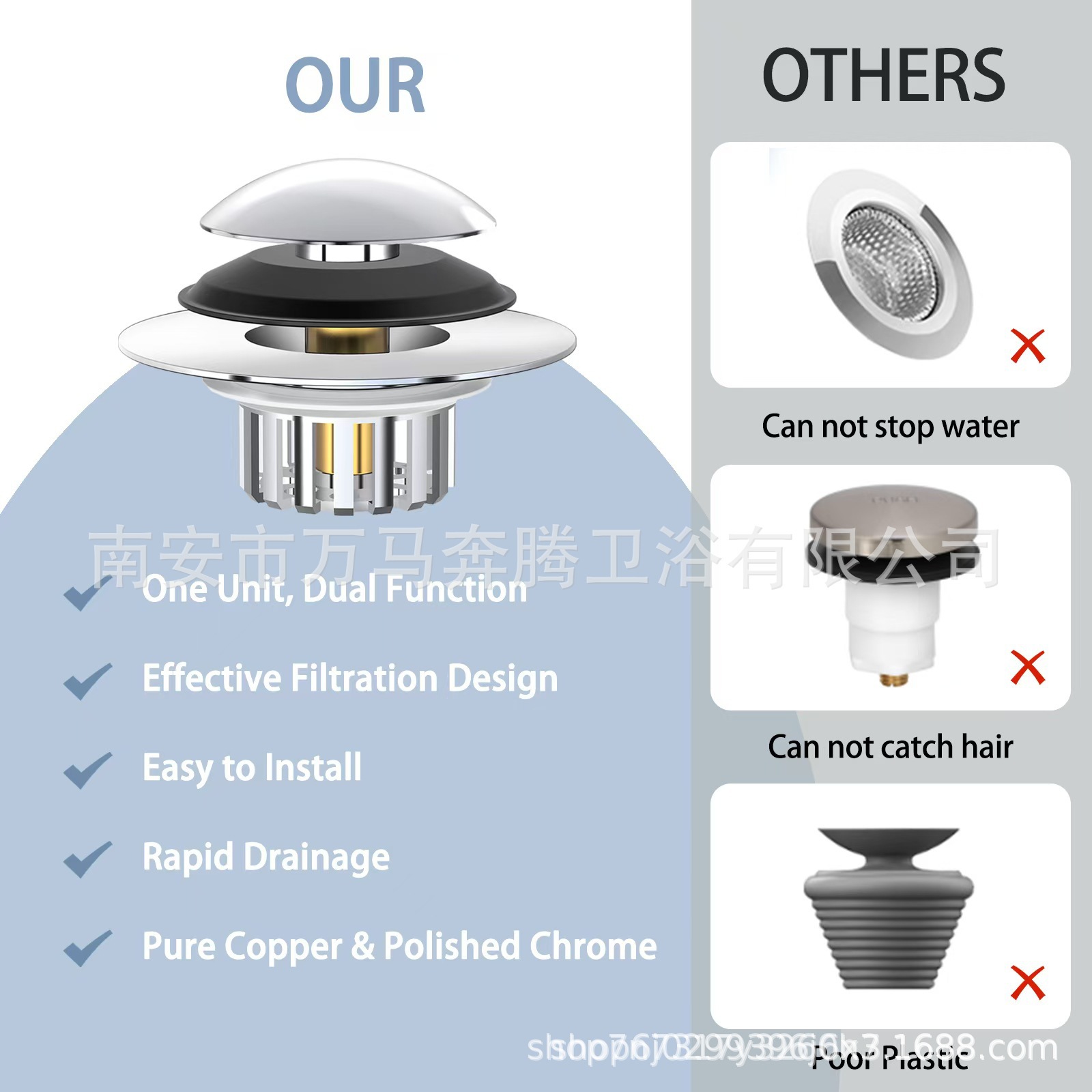 Brass bathtub drain anti-odor plug, universal bathtub press-type bouncing tool, bouncing drain plug accessory Specification drawing