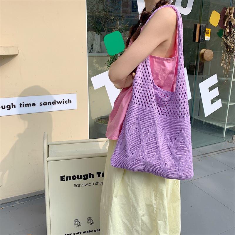 36281 Korean ins solid color diamond-shaped tote bag, hollowed-out knitted woolen bag, casual underarm bag, single-shoulder bag details Picture