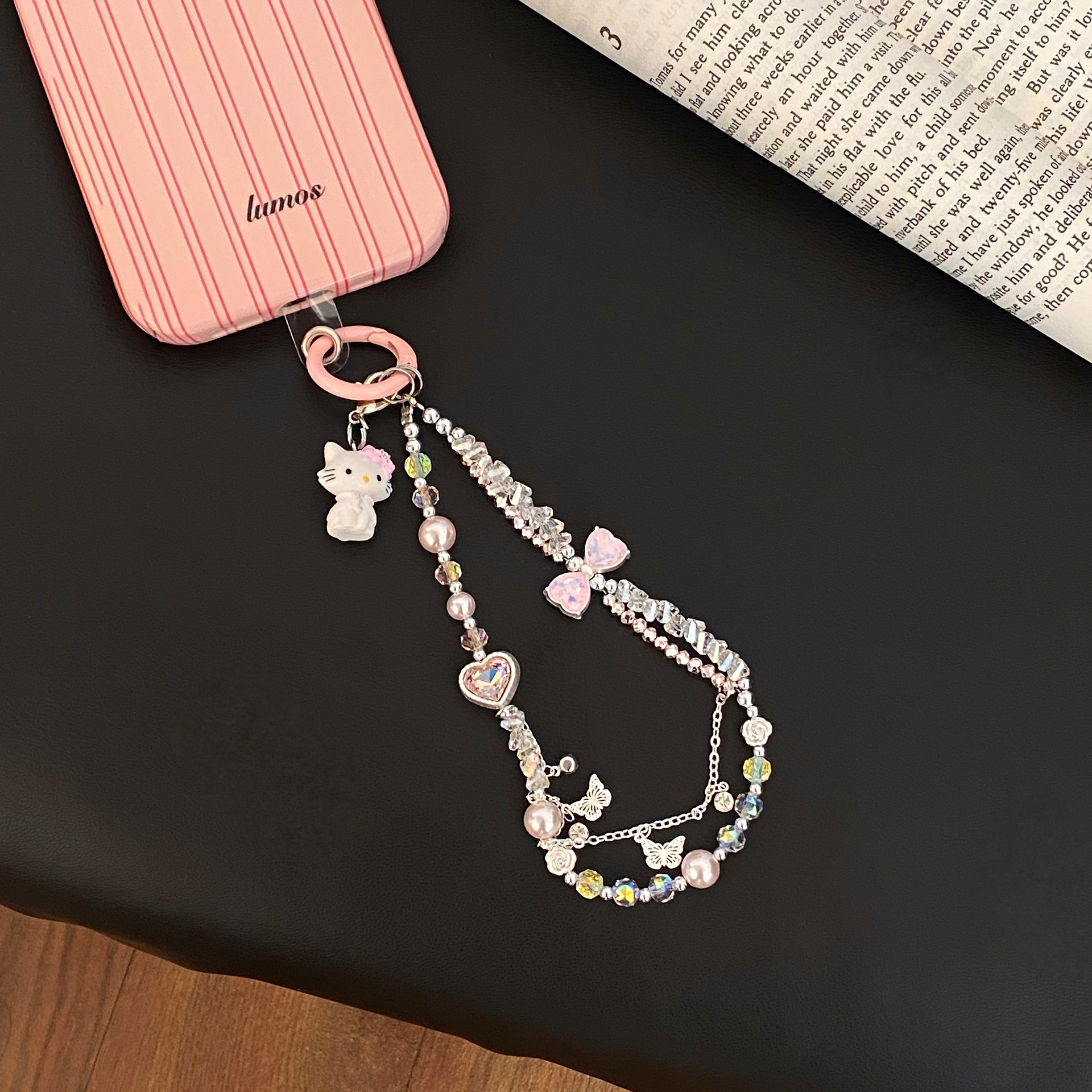 Cute cat phone pendant chain, ins girlish keychain, pink bow beaded wrist exquisite chain full figure