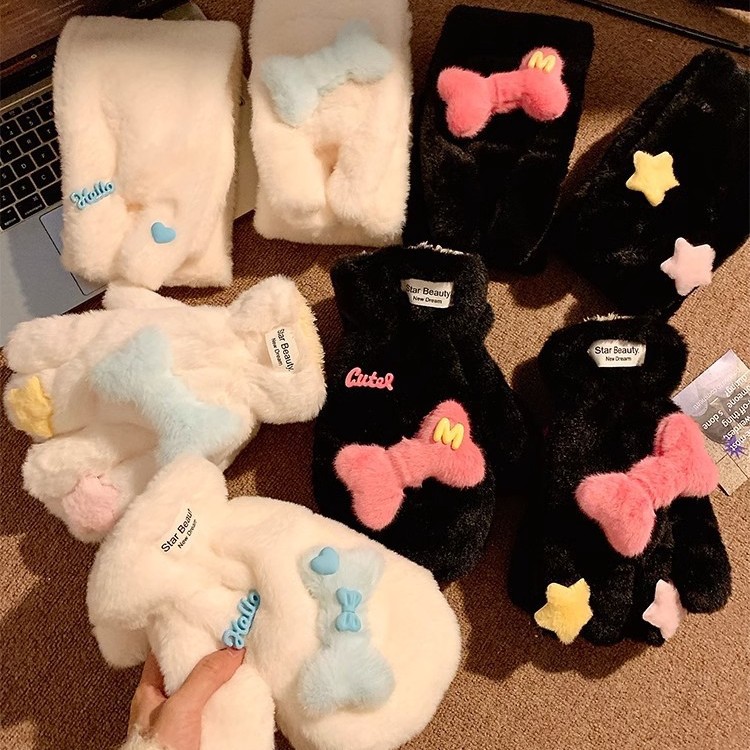 Cartoon star Little bone five-fingered gloves for girls, cute winter, thickened plush for warmth, neck-worn for cycling, windproof and cold-proof Item Picture