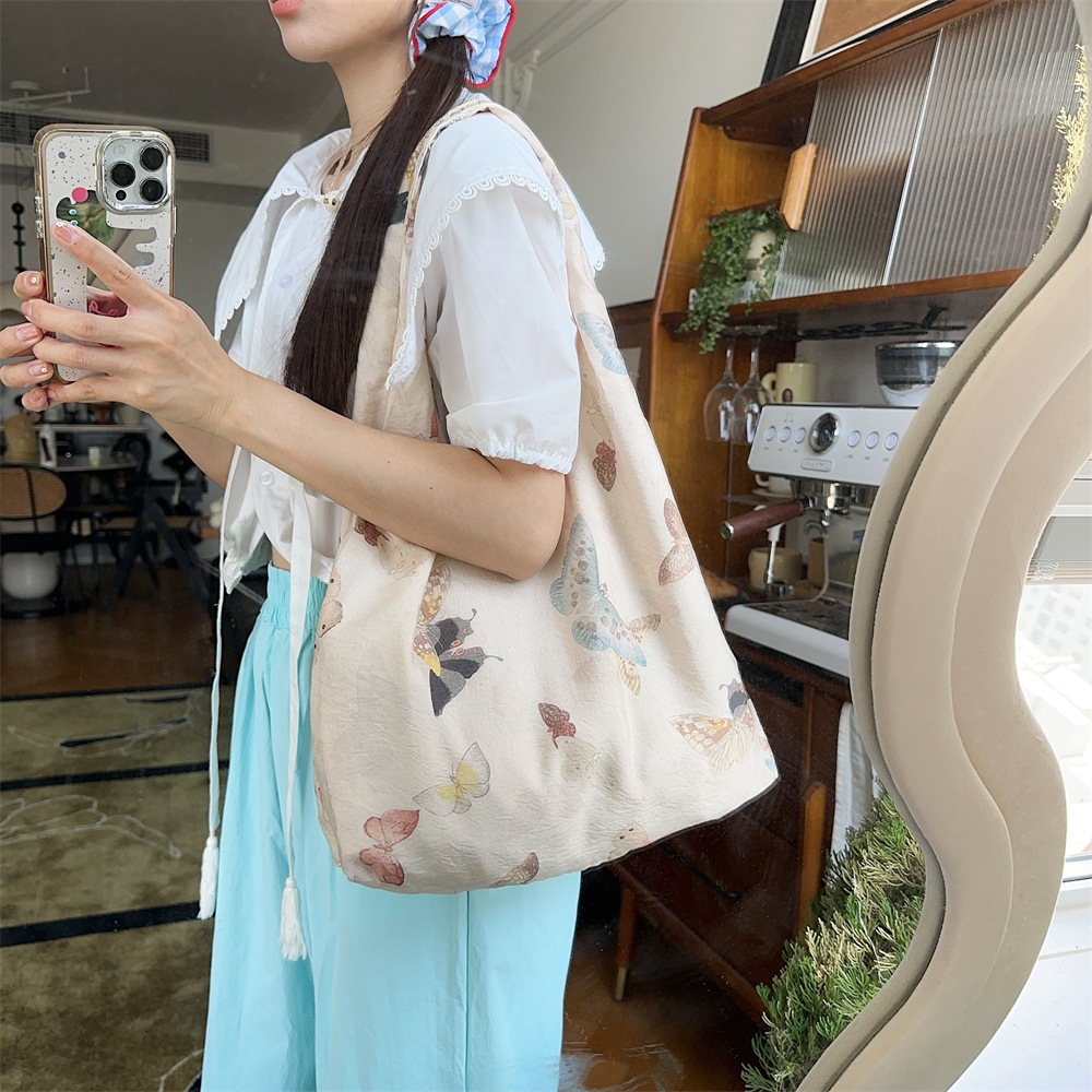 43292 Chinese-style butterfly canvas bag, women's large-capacity vest, single-shoulder bag, light and thin student hand-held shopping bag full figure