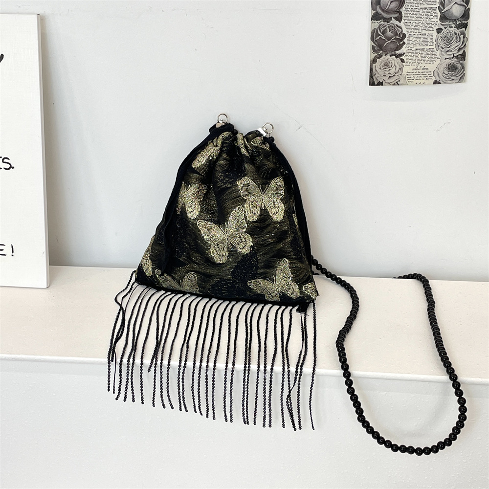 53303 New Chinese-style Golden Thread Butterfly Drawstring Drawstring crossbody Bag, Retro tassel single-shoulder bag, laid-back underarm bag full figure