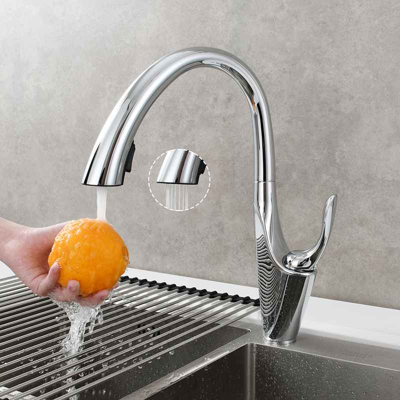 Copper pull-out kitchen faucet, hot and cold dish basin, sink faucet, shower head, dual water outlet, rotatable faucet details Picture