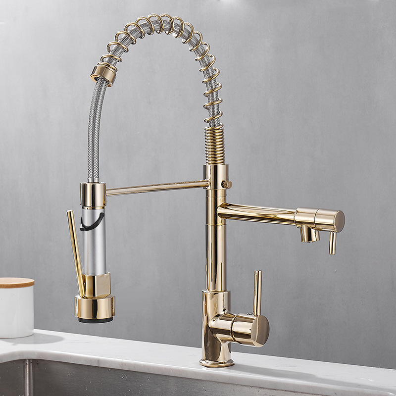Danweile bathroom all-copper pull-out kitchen faucet, double water outlet cold and hot sink, spring faucet details Picture