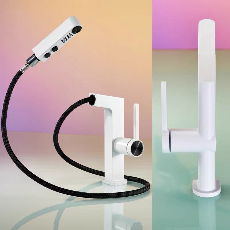 All-copper white smart pull-out washbasin faucet, washbasin, washbasin, countertop, household digital display cold and hot water faucet full figure