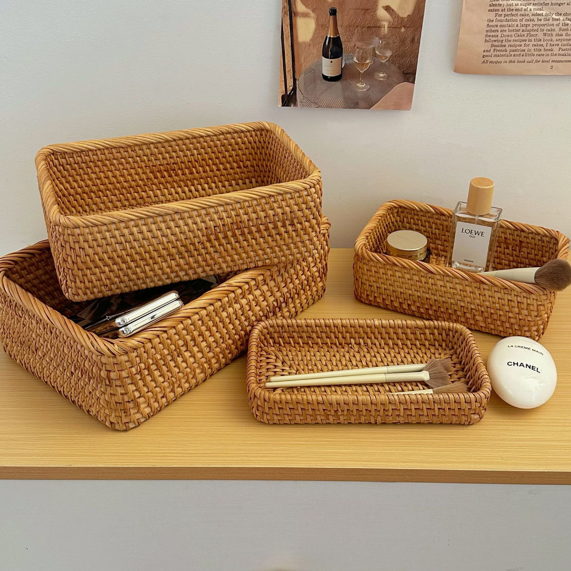 ins retro rattan storage basket, desktop coffee table, miscellaneous storage basket, cosmetics organization and storage basket, bamboo basket Specification drawing