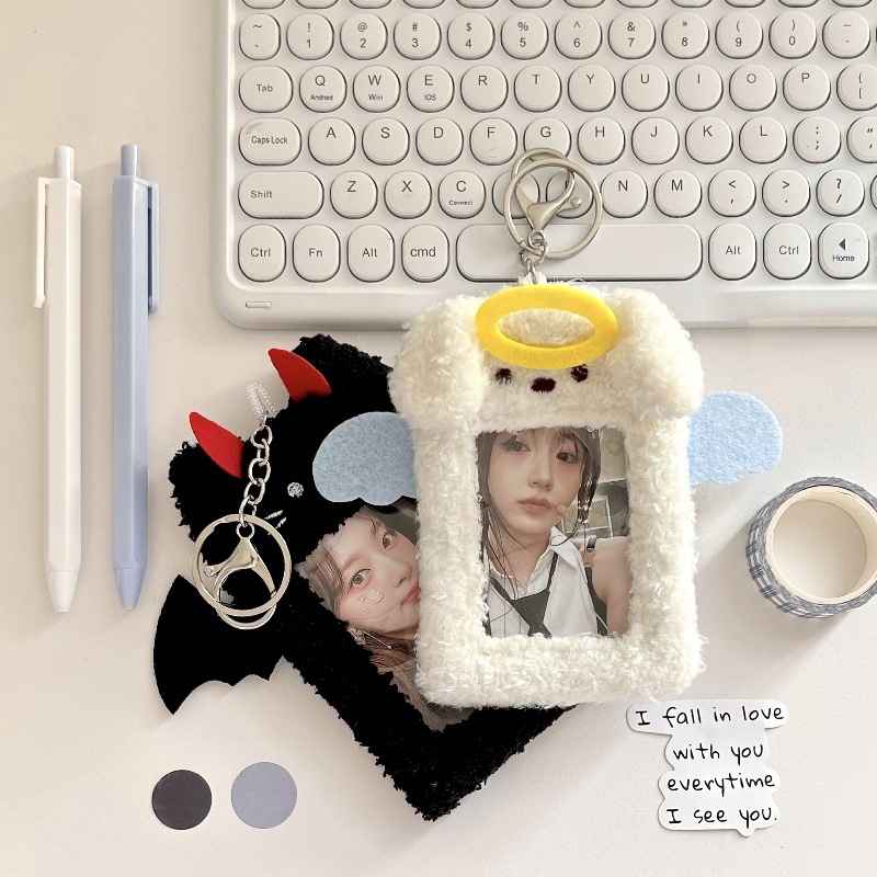 Ins-style couple plush ID card holder, cute animal campus meal card, love bean card, photo portable pendant details Picture