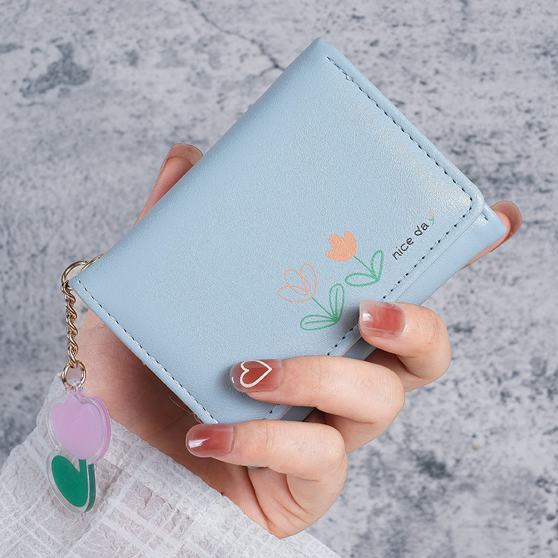 2024 New mini wallet Women's short three-fold solid color simple print cute and fresh student folding wallet card case Specification drawing