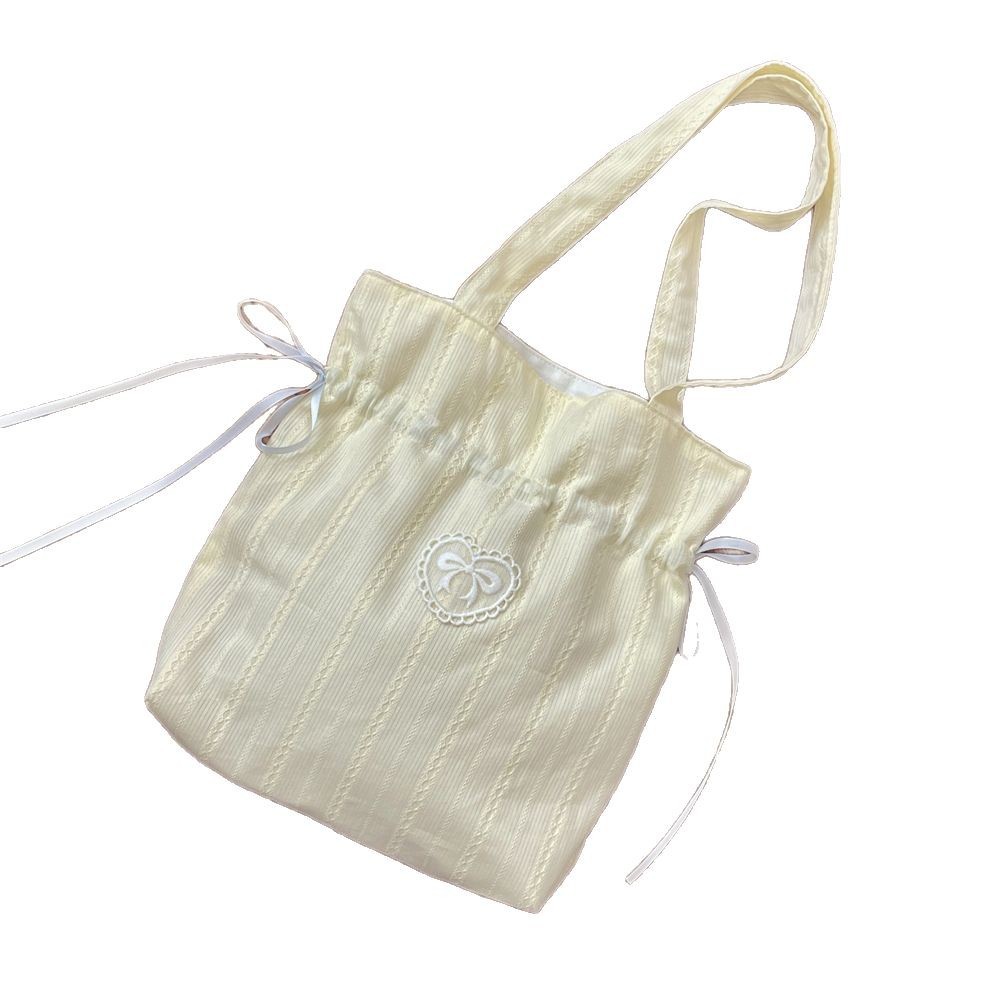 5323 Girlish heart Bow single-shoulder bag, drawstring drawstring canvas bag, fresh handbag, women's shopping bag for shopping Item Picture