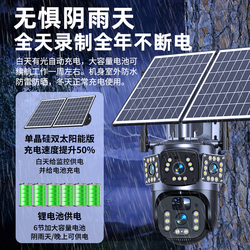Three-lens rotatable solar panel monitoring camera, 360-degree mobile phone remote 12MP ultra-clear night vision outdoor Specification drawing