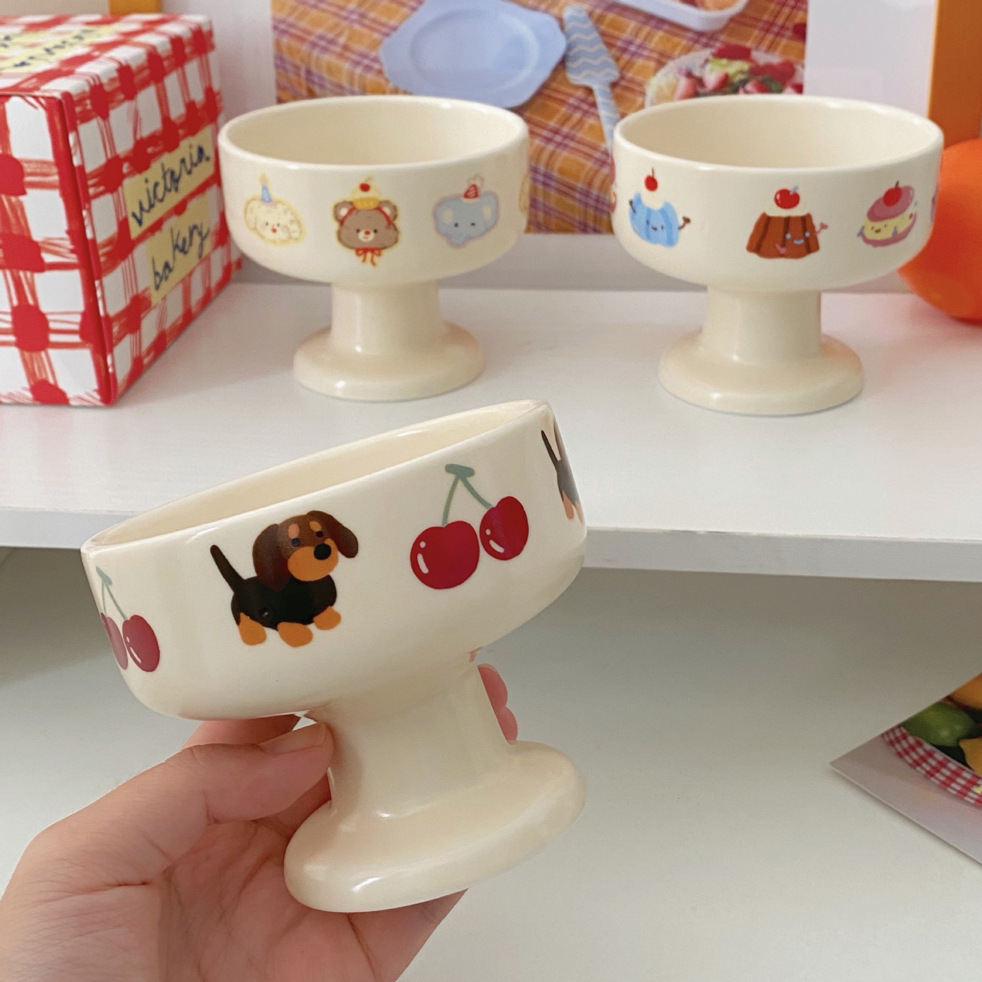 Ins-style Korean cream cute tall bowl, cartoon matte ceramic dessert bowl, tall ice cream bowl, yogurt bowl Specification drawing