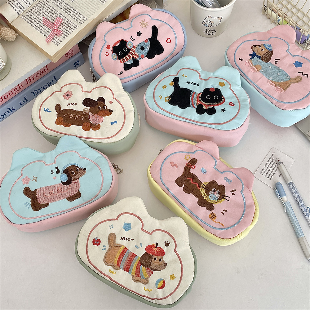 5225 Cute puppy Pencil case, large capacity, student high appearance level, embroidered pencil case, coin purse, stationery storage bag full figure
