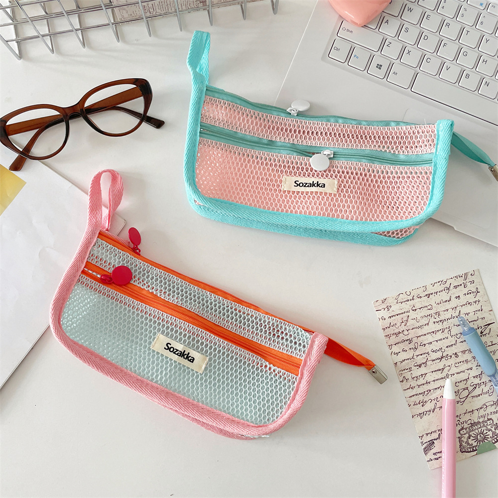 5612 Dopamine color-blocking cosmetic Bag, Large capacity pen case, Stationery Storage Bag, Portable mesh Pencil case Application Scenario