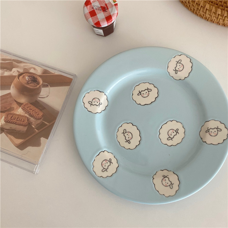 Cute cartoon blue lamb ceramic bowl, dessert bowl, girlish salad bowl, household ceramic plate set tableware Specification drawing